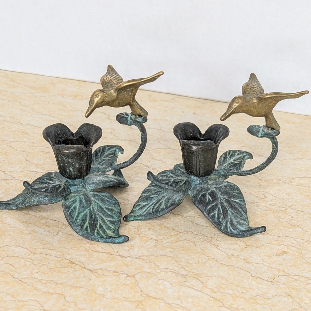 Vintage Andrea By Sadek Verdigris Brass Copper Hummingbird Pair Candle Holders